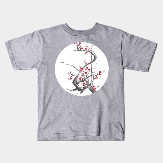 Chinese plum tree blossom sumi-e painting Kids T-Shirt by Umi-ko